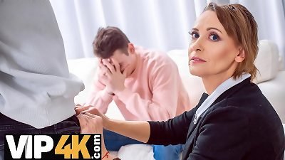 TUTOR4K. dude doesnt want to pay debt off and stepmom obeys guys trouser snake