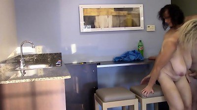 milf torn up in kitchen gets a cum shot on her huge boobs