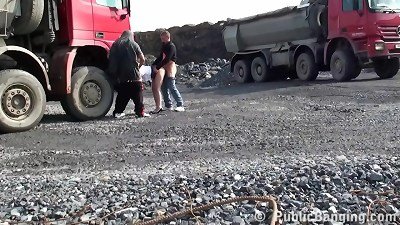 A very super-cute belly youthful girl is torn up in public threesome at a construction website